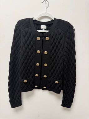 Milly Black Quilted Knit Cardigan with Gold Buttons